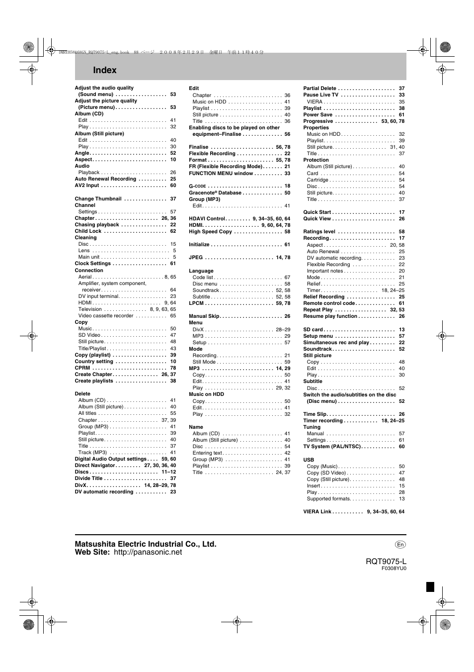 Index | Panasonic DMR-EH58 User Manual | Page 80 / 80