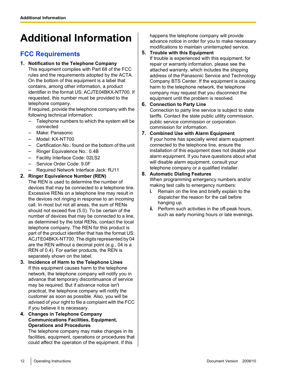 Additional information, Fcc requirements | Panasonic KX-NT700 User Manual | Page 12 / 72