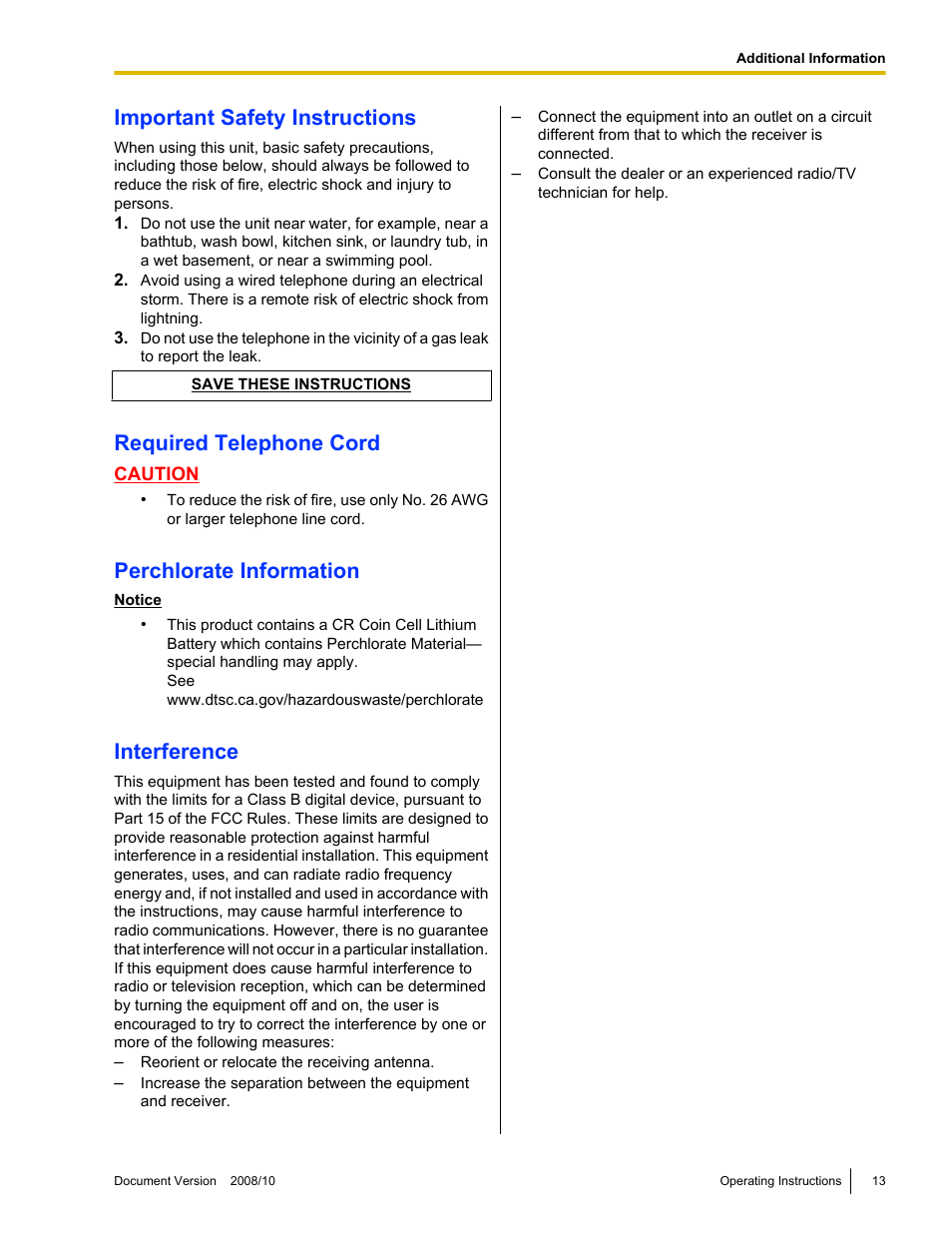 Important safety instructions, Required telephone cord, Perchlorate information | Interference | Panasonic KX-NT700 User Manual | Page 13 / 72
