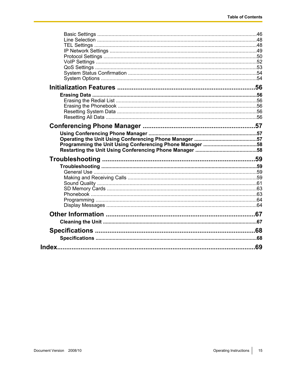 Initialization features, Conferencing phone manager, Troubleshooting | Other information, Specifications, Index | Panasonic KX-NT700 User Manual | Page 15 / 72