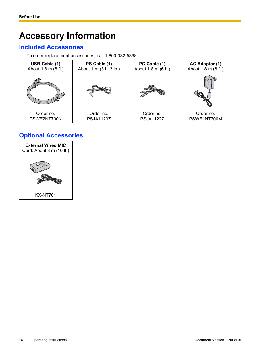 Before use, Accessory information, Included accessories | Optional accessories | Panasonic KX-NT700 User Manual | Page 16 / 72