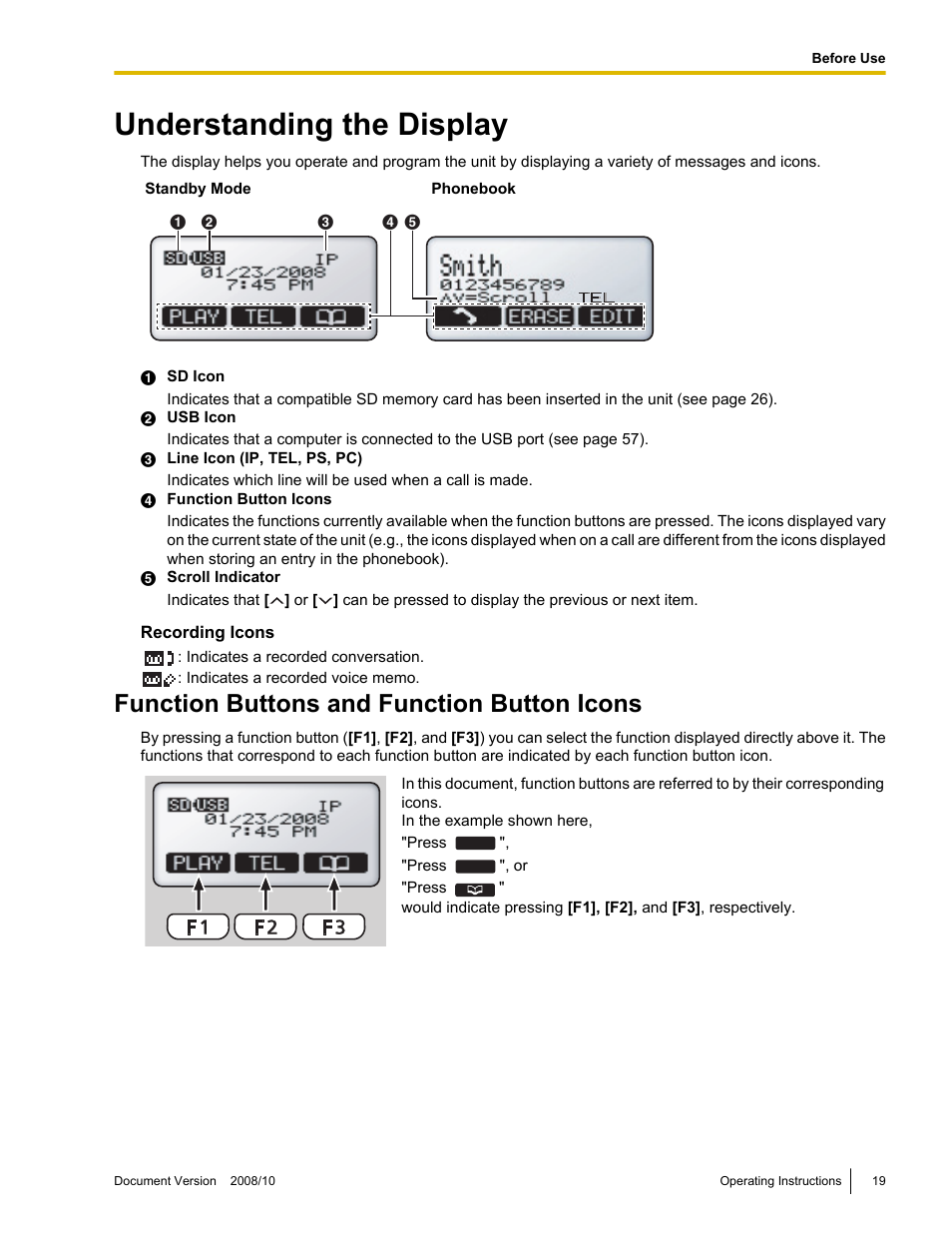 Understanding the display, Function buttons and function button icons | Panasonic KX-NT700 User Manual | Page 19 / 72
