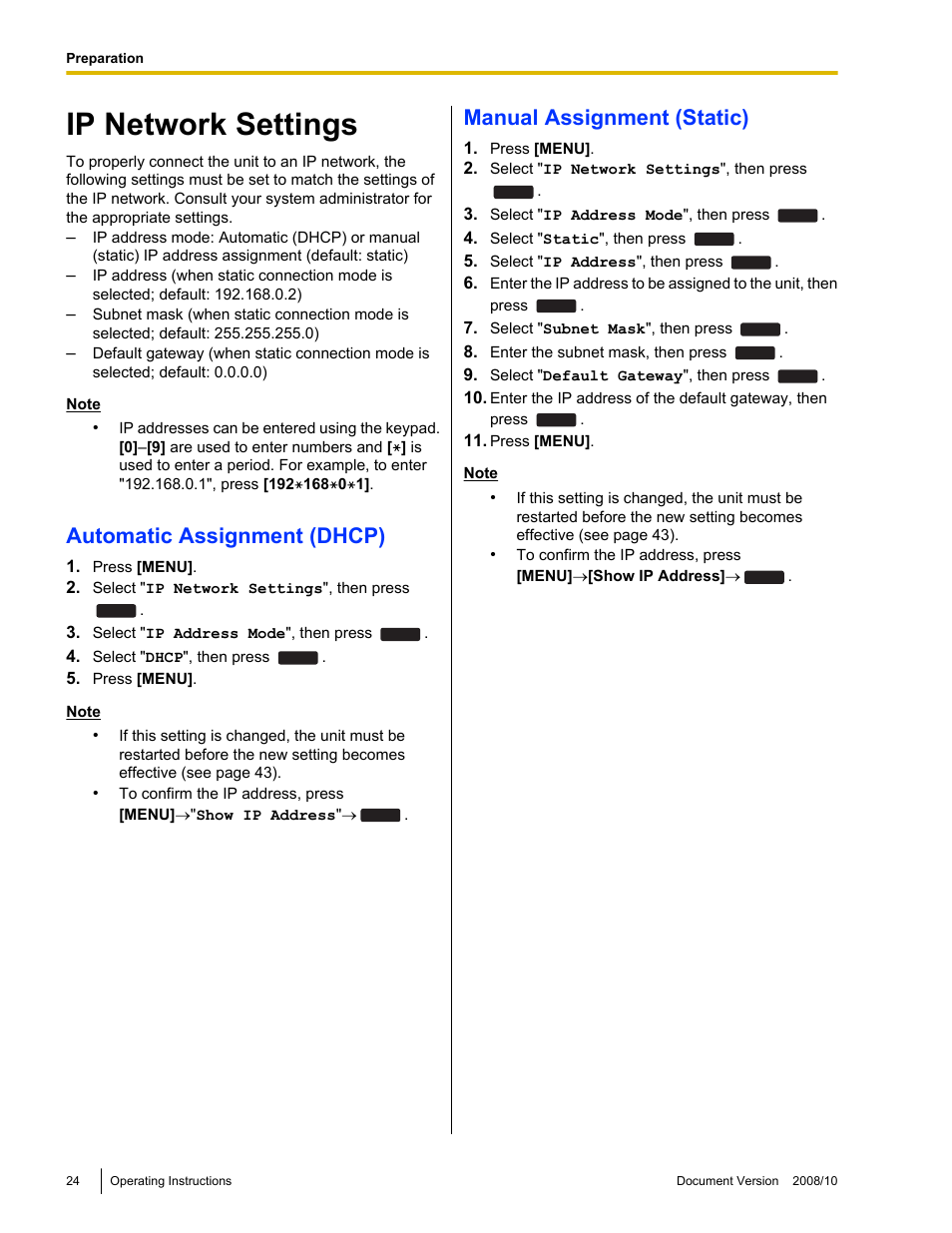 Ip network settings, Automatic assignment (dhcp), Manual assignment (static) | Panasonic KX-NT700 User Manual | Page 24 / 72