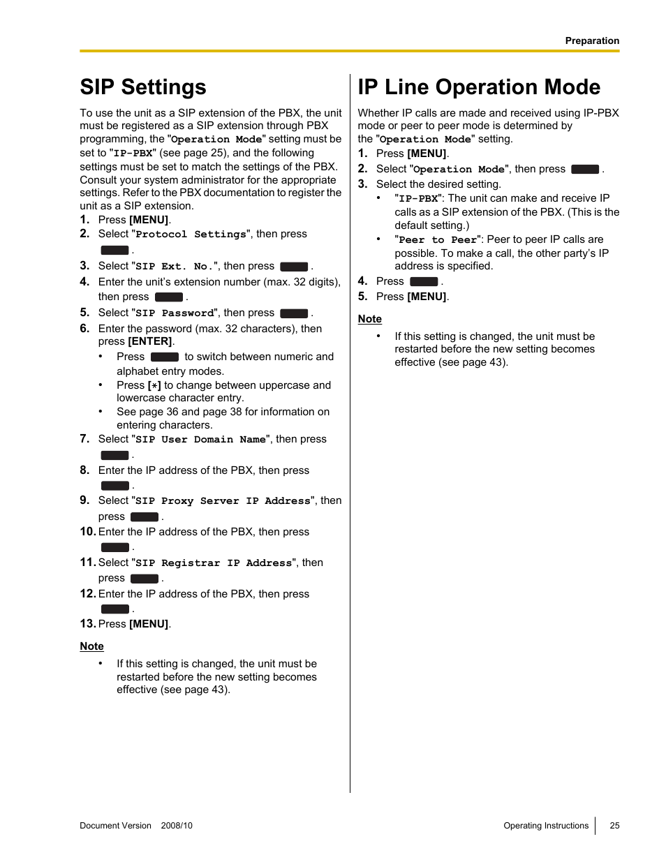 Sip settings, Ip line operation mode | Panasonic KX-NT700 User Manual | Page 25 / 72