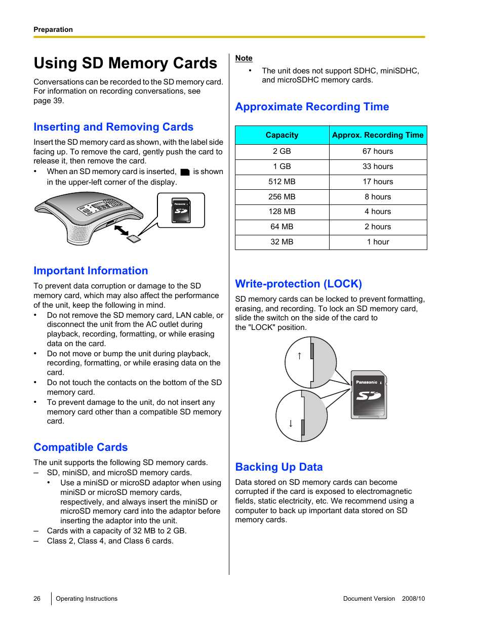 Using sd memory cards, Inserting and removing cards, Important information | Compatible cards, Approximate recording time, Write-protection (lock), Backing up data | Panasonic KX-NT700 User Manual | Page 26 / 72