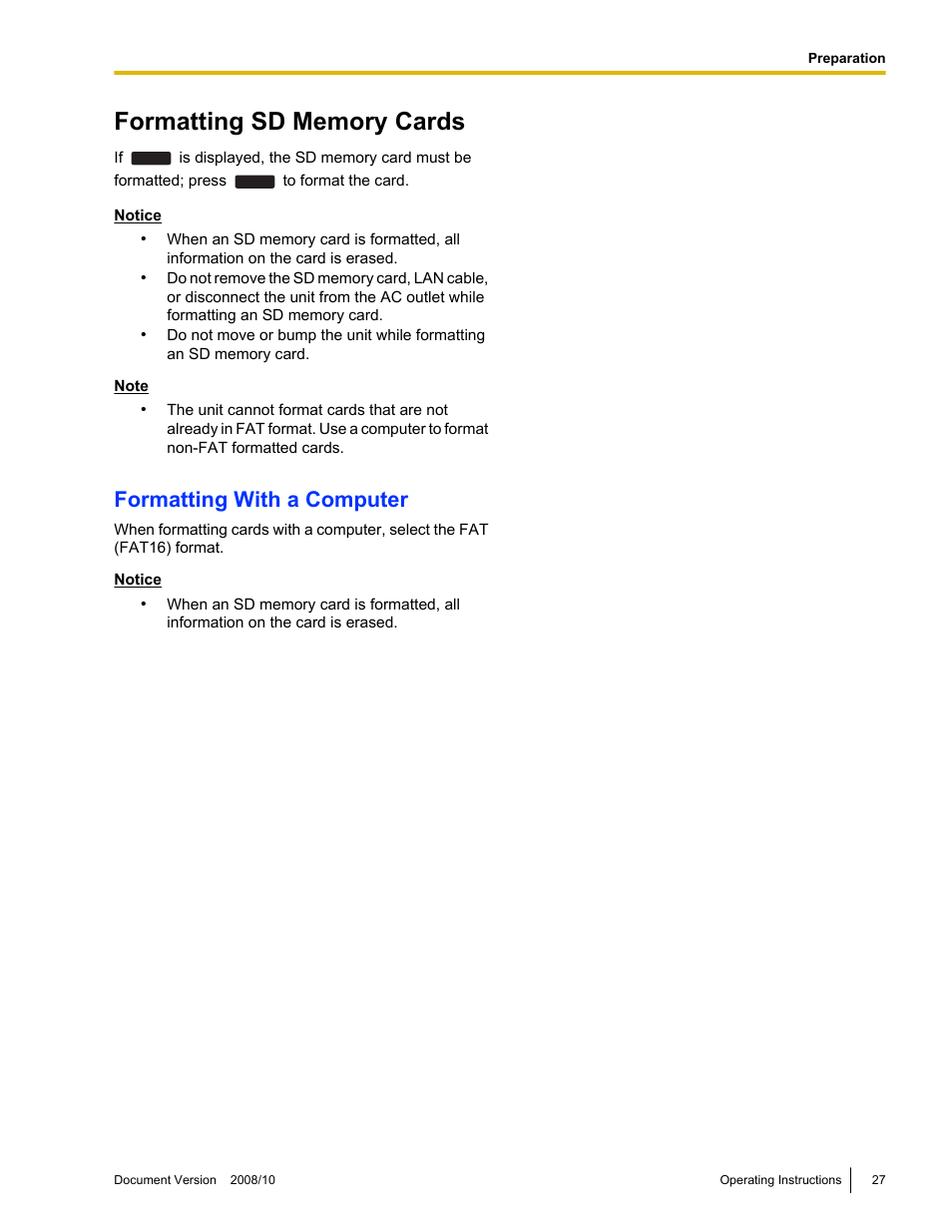 Formatting sd memory cards, Formatting with a computer | Panasonic KX-NT700 User Manual | Page 27 / 72