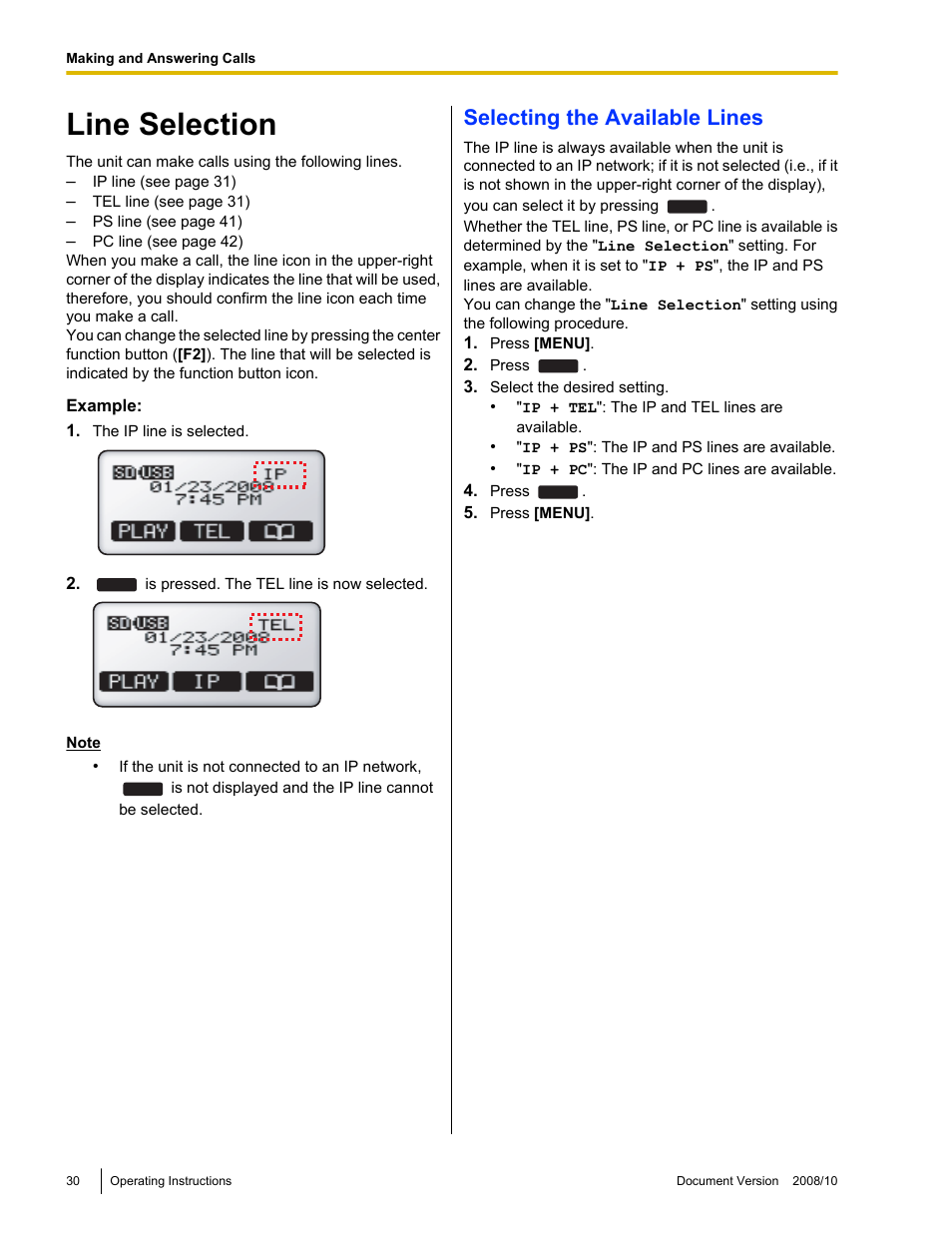 Making and answering calls, Line selection, Selecting the available lines | Panasonic KX-NT700 User Manual | Page 30 / 72