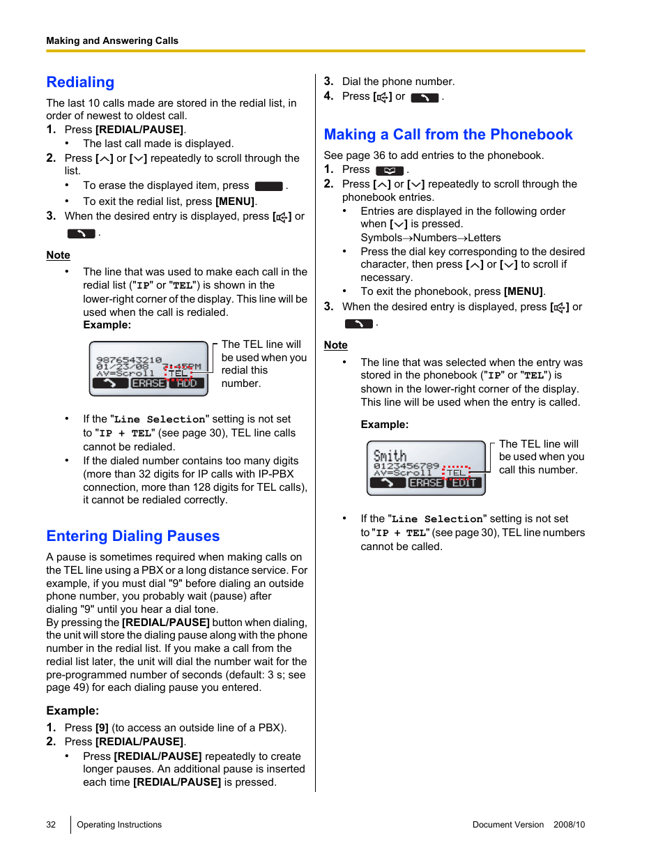 Redialing, Entering dialing pauses, Making a call from the phonebook | Panasonic KX-NT700 User Manual | Page 32 / 72