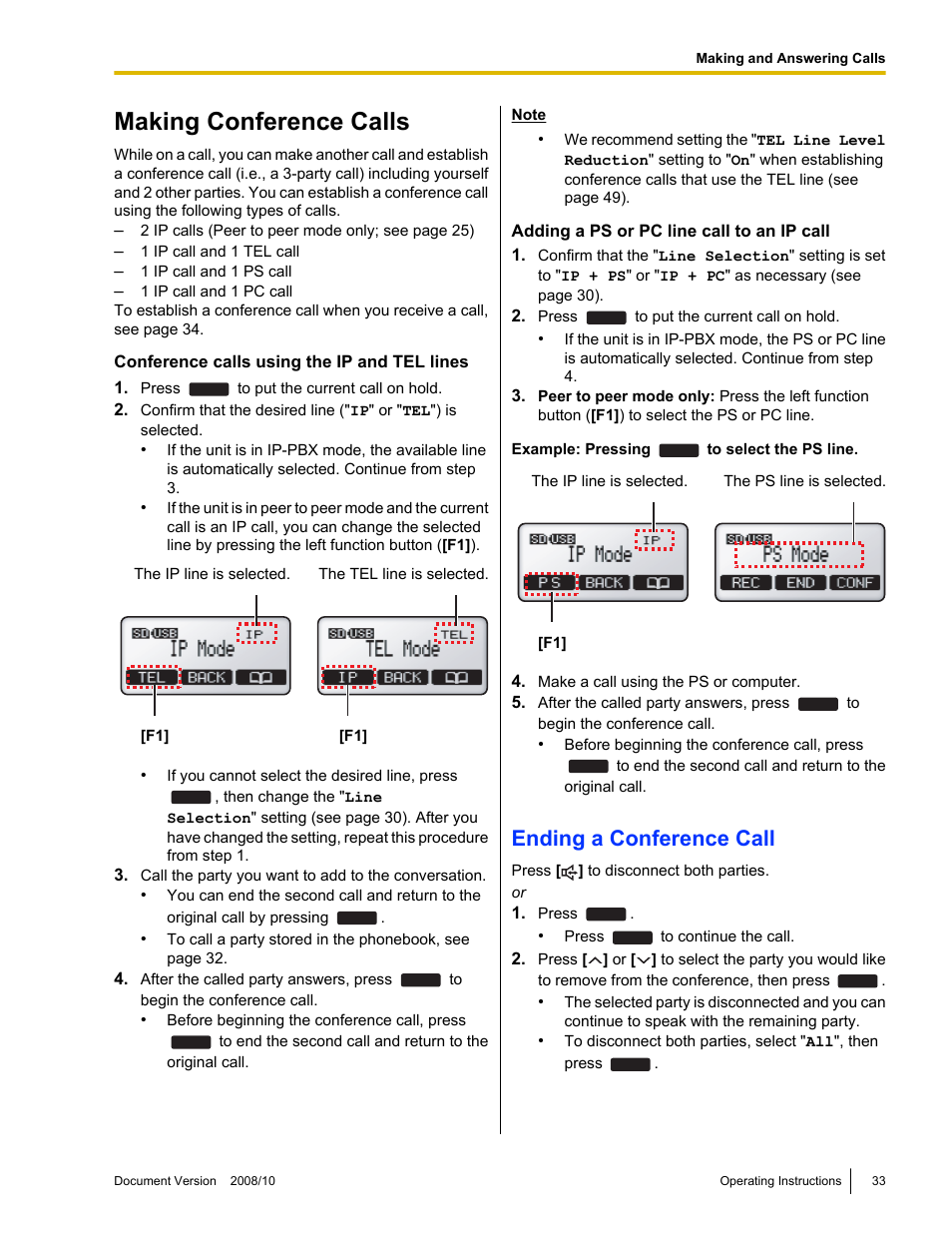 Making conference calls, Ending a conference call | Panasonic KX-NT700 User Manual | Page 33 / 72