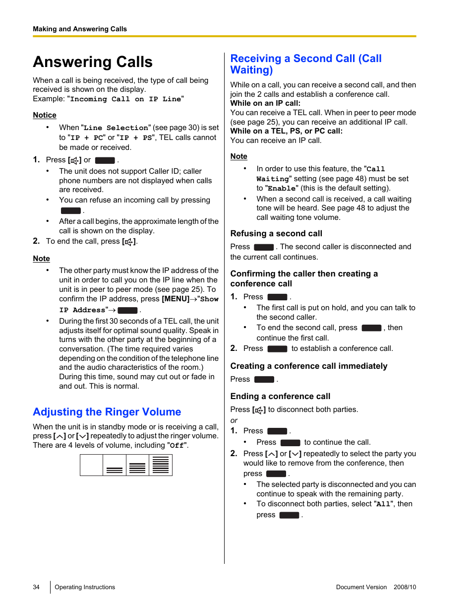 Answering calls, Adjusting the ringer volume, Receiving a second call (call waiting) | Panasonic KX-NT700 User Manual | Page 34 / 72