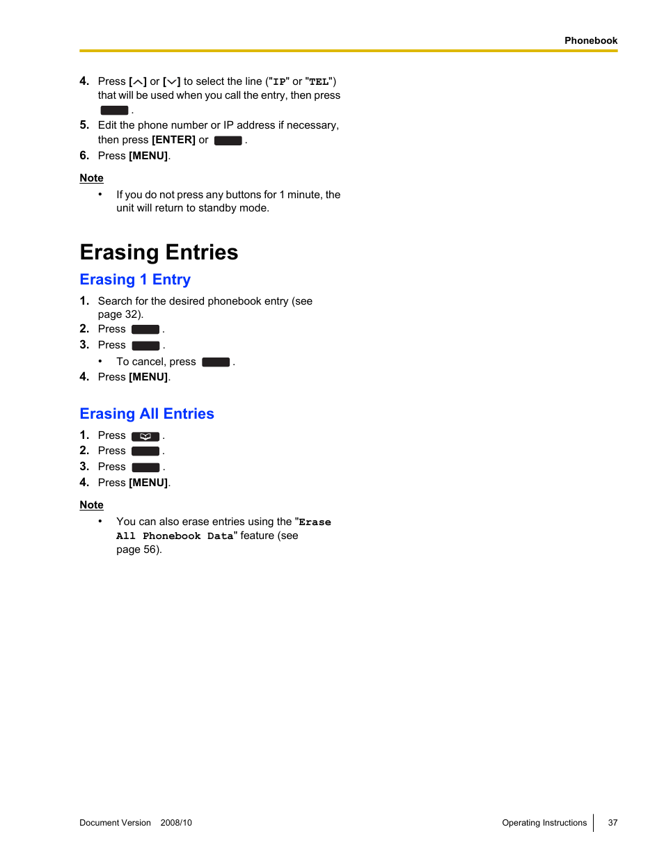 Erasing entries, Erasing 1 entry, Erasing all entries | Panasonic KX-NT700 User Manual | Page 37 / 72