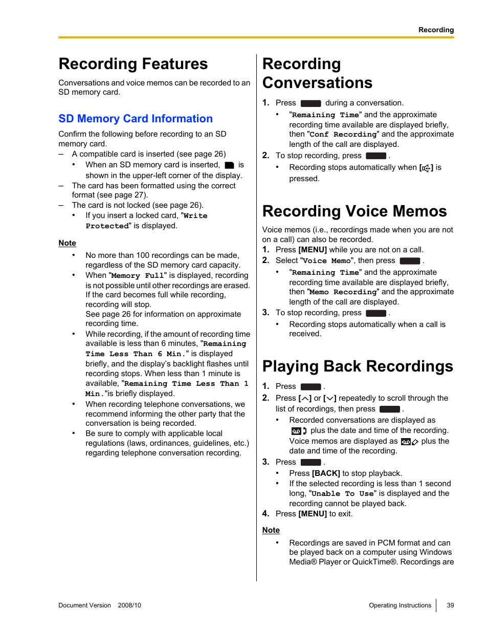 Recording, Recording features, Recording conversations | Recording voice memos, Playing back recordings | Panasonic KX-NT700 User Manual | Page 39 / 72