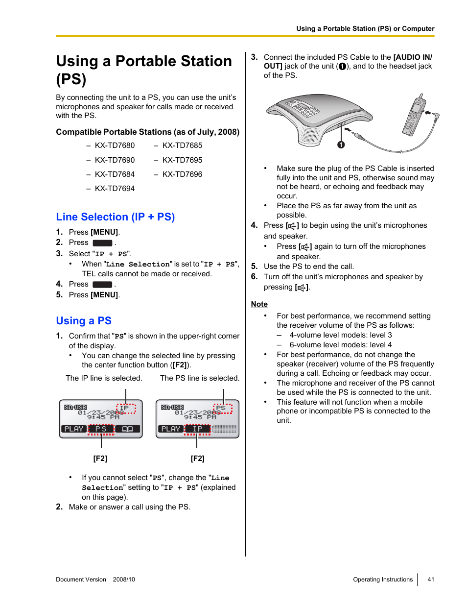 Using a portable station (ps) or computer, Using a portable station (ps), Line selection (ip + ps) | Using a ps | Panasonic KX-NT700 User Manual | Page 41 / 72