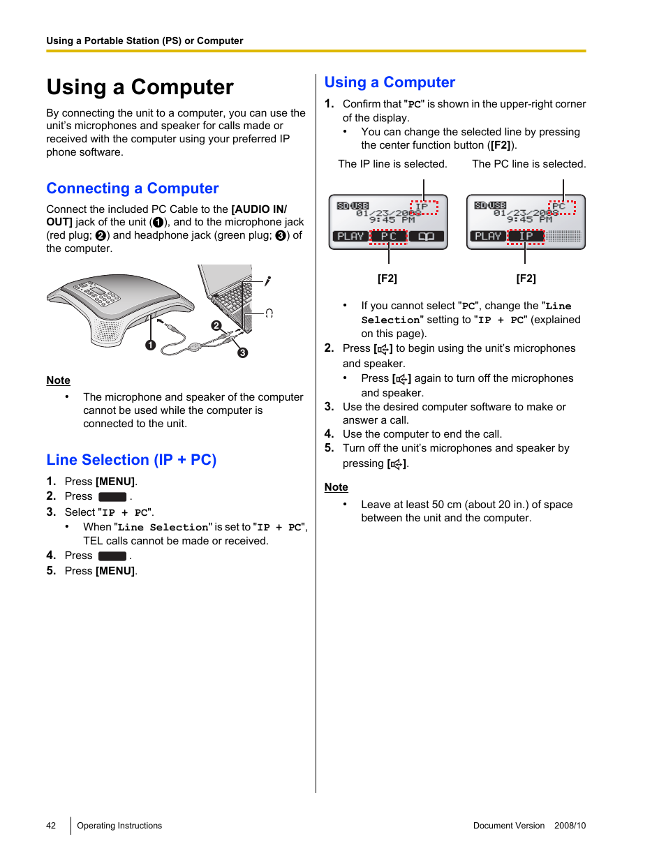 Using a computer, Connecting a computer, Line selection (ip + pc) | Panasonic KX-NT700 User Manual | Page 42 / 72