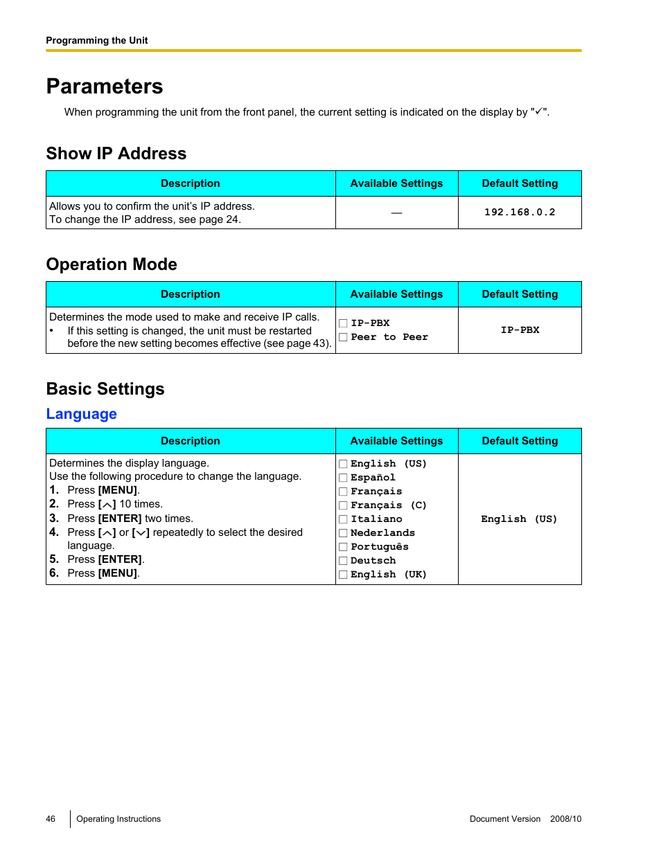 Parameters, Show ip address, Operation mode | Basic settings, Language | Panasonic KX-NT700 User Manual | Page 46 / 72