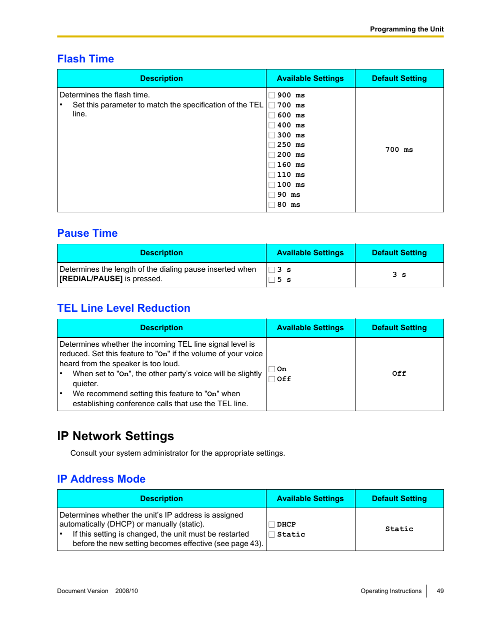 Ip network settings, Flash time, Pause time | Tel line level reduction, Ip address mode | Panasonic KX-NT700 User Manual | Page 49 / 72