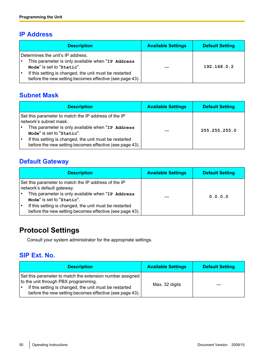 Protocol settings, Ip address, Subnet mask | Default gateway, Sip ext. no | Panasonic KX-NT700 User Manual | Page 50 / 72