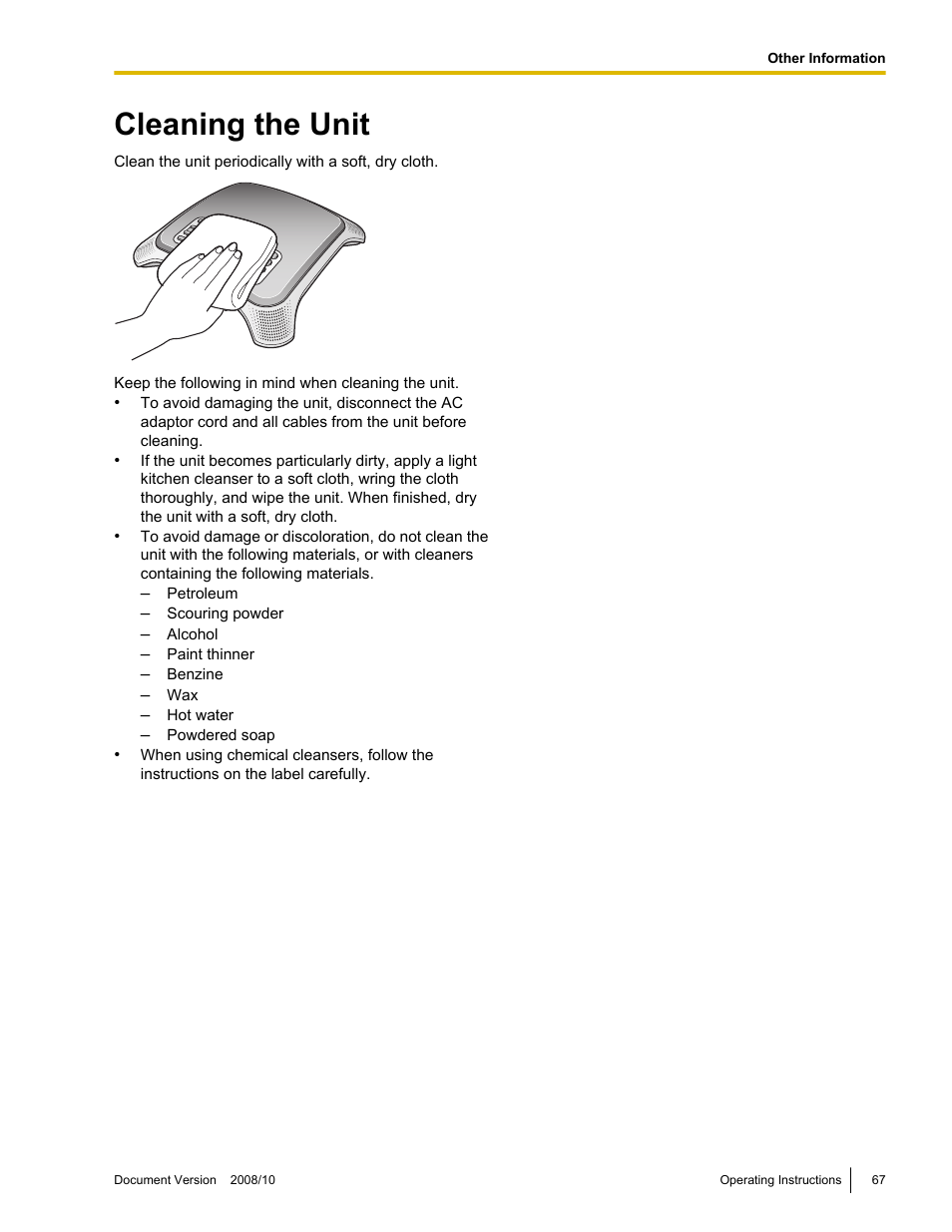 Other information, Cleaning the unit | Panasonic KX-NT700 User Manual | Page 67 / 72