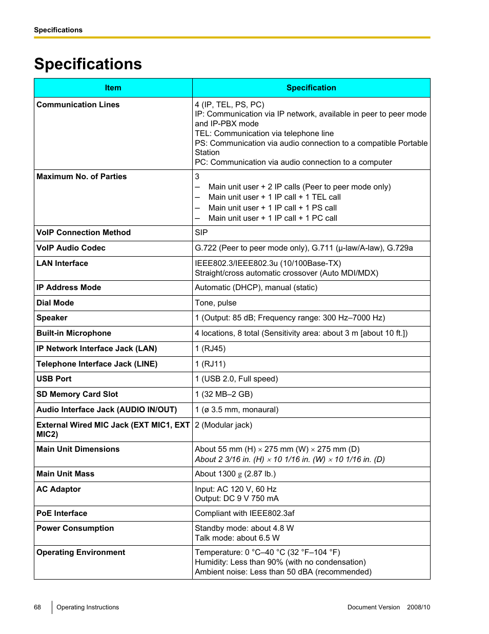 Specifications | Panasonic KX-NT700 User Manual | Page 68 / 72