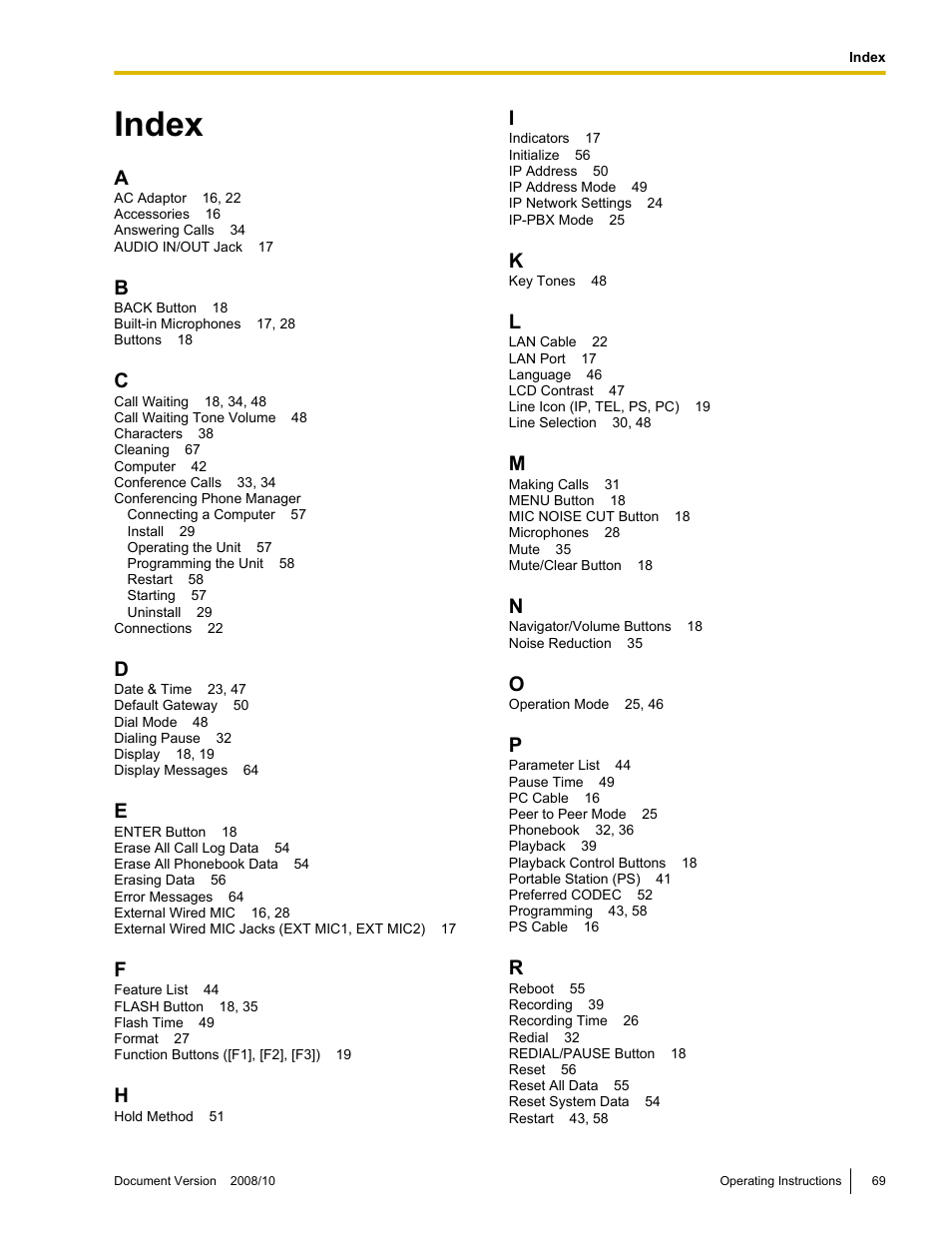 Index | Panasonic KX-NT700 User Manual | Page 69 / 72