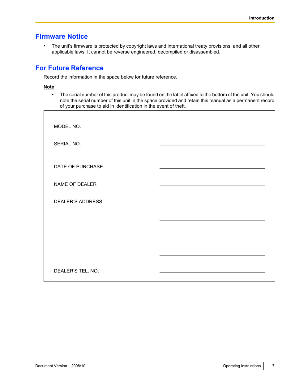 Firmware notice, For future reference | Panasonic KX-NT700 User Manual | Page 7 / 72