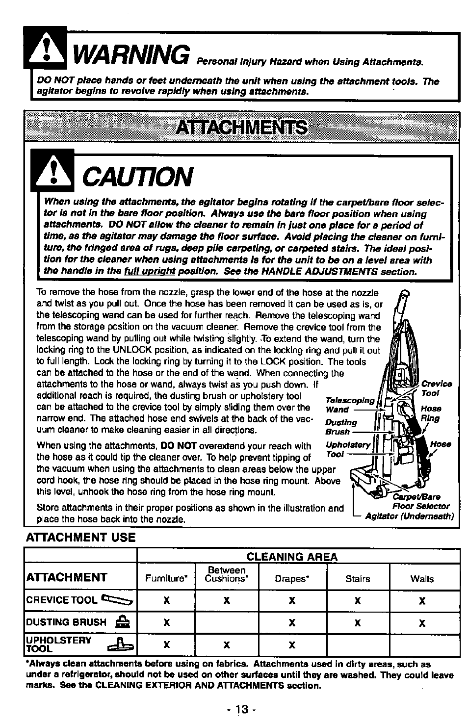 Caution, Attachment use, Attachments | Warning, Aitacmmehisi | Panasonic MC-V7347 User Manual | Page 13 / 48