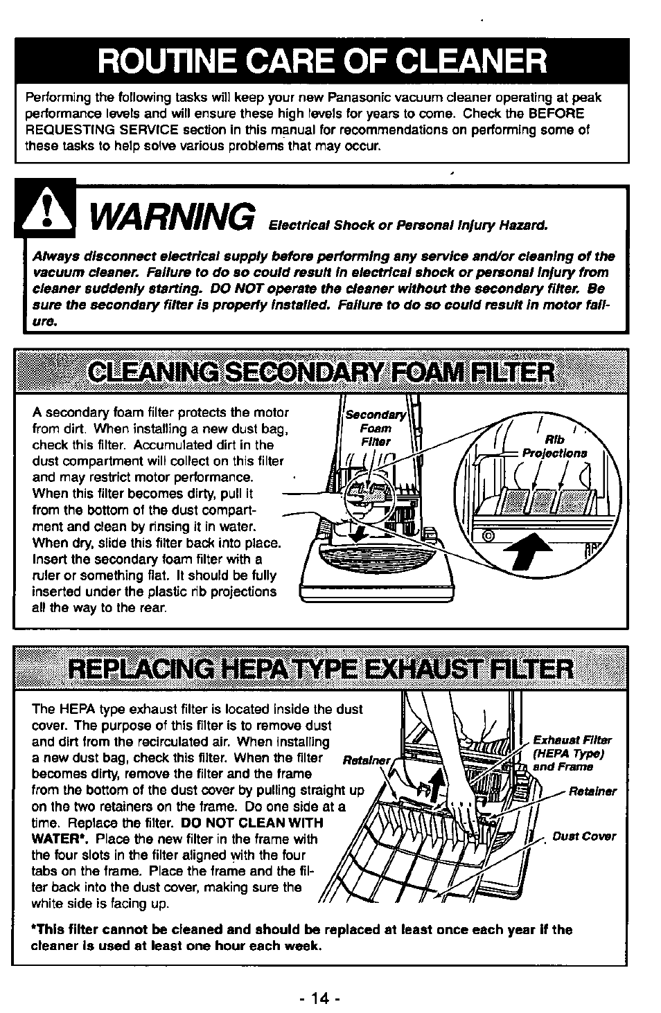 Warning, Routine care of cleaner, Cleaning secondary foam rlter | Panasonic MC-V7347 User Manual | Page 14 / 48