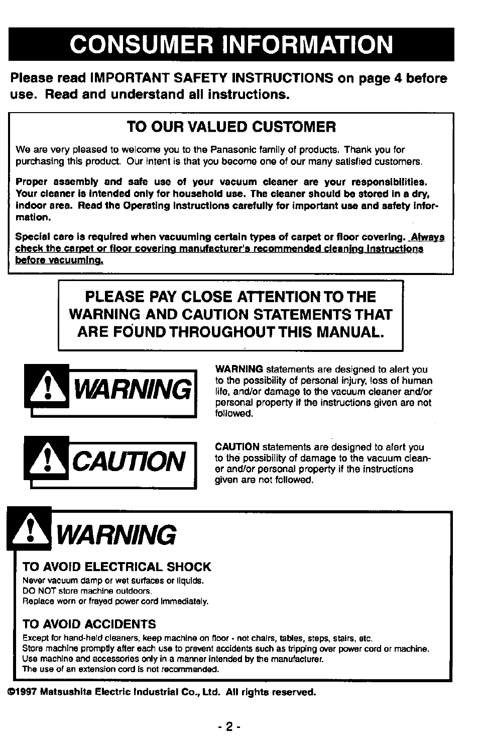 Consumer information, To our valued customer, Mrning | Caution, Warning | Panasonic MC-V7347 User Manual | Page 2 / 48
