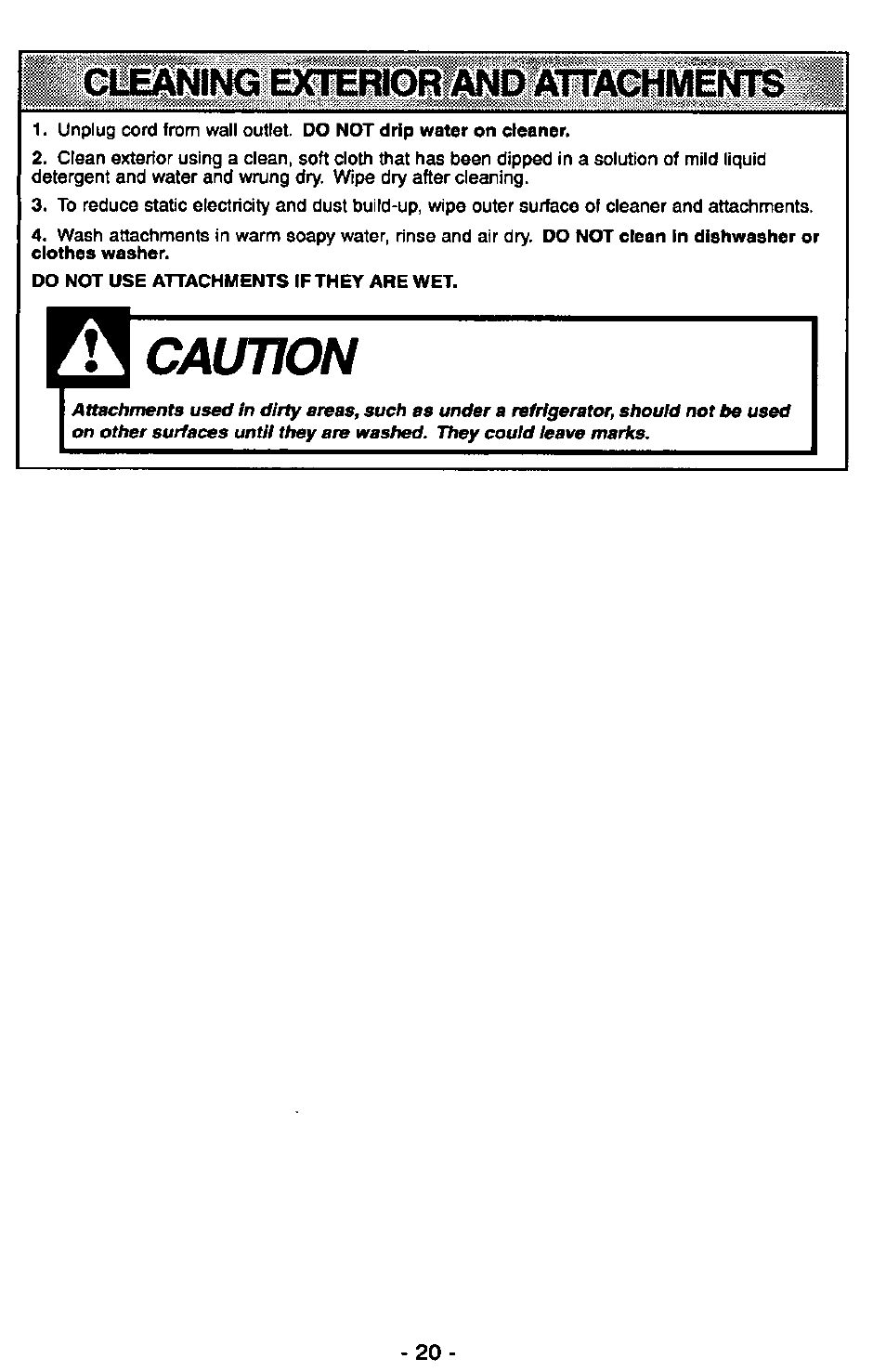 Caution, Cleaning exterior and attachments | Panasonic MC-V7347 User Manual | Page 20 / 48