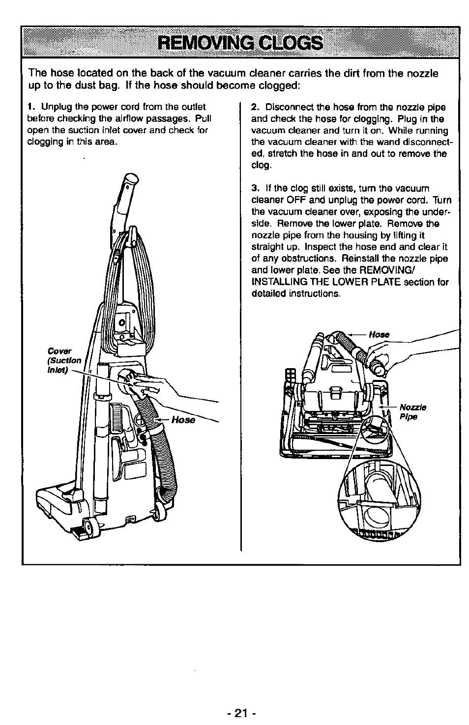 Removing clogs | Panasonic MC-V7347 User Manual | Page 21 / 48