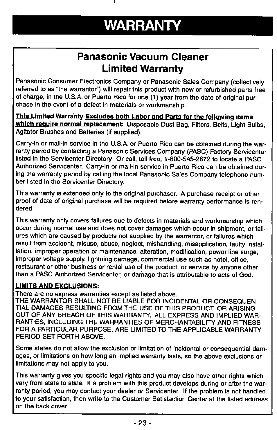 Warranty, Limits and exclusions, Panasonic vacuum cleaner limited warranty | Panasonic MC-V7347 User Manual | Page 23 / 48