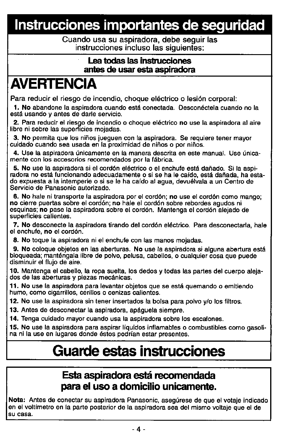 Instrucciones importantes de seguridad, Avertencia, Guarde estas instrucciones | Panasonic MC-V7347 User Manual | Page 28 / 48