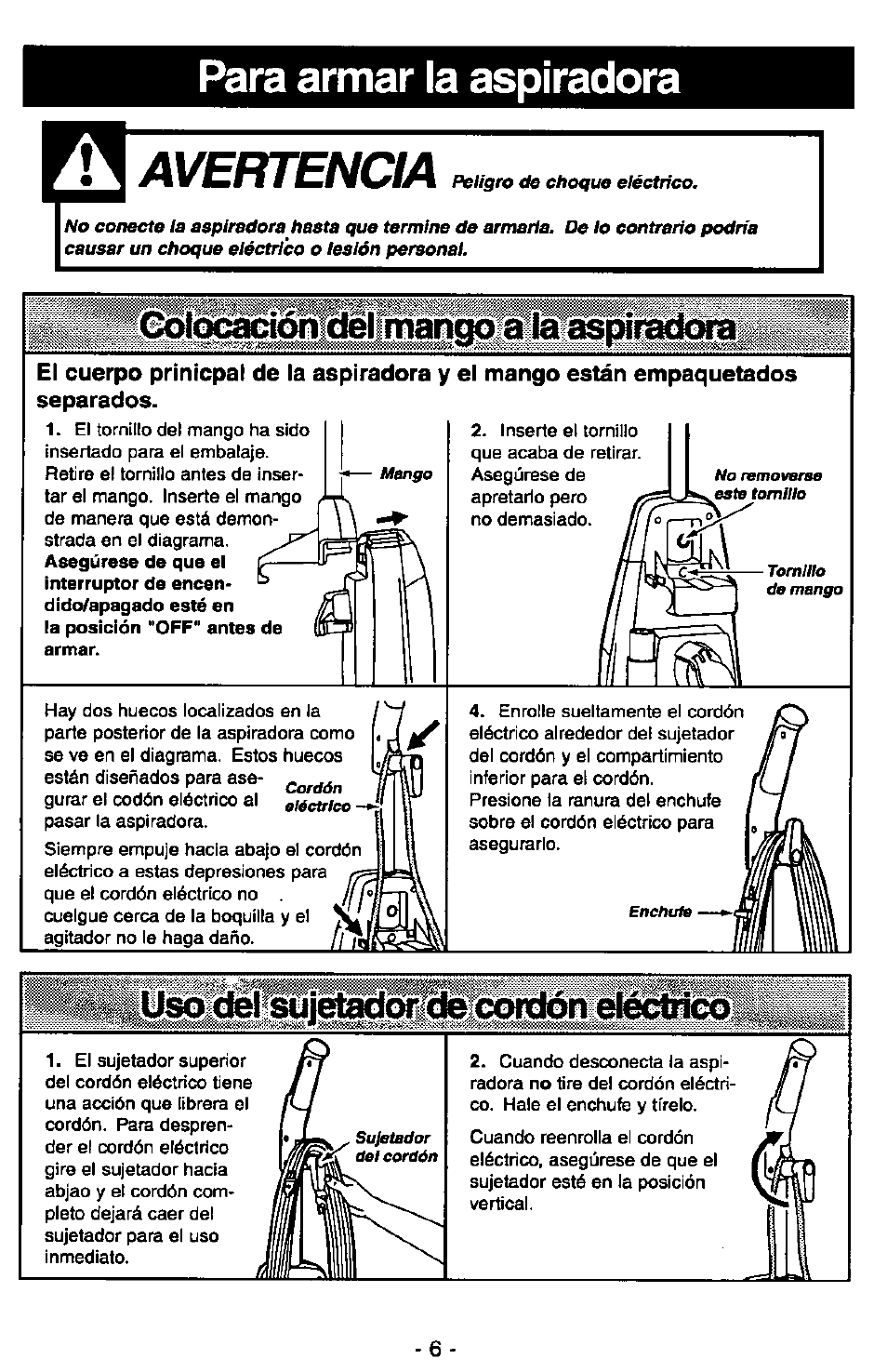 Para armar la aspiradora, Avertencia, Usb^^üjetad(^^«)«tórte^^to | Ео|^^ш1ш|гтапсю а | Panasonic MC-V7347 User Manual | Page 30 / 48