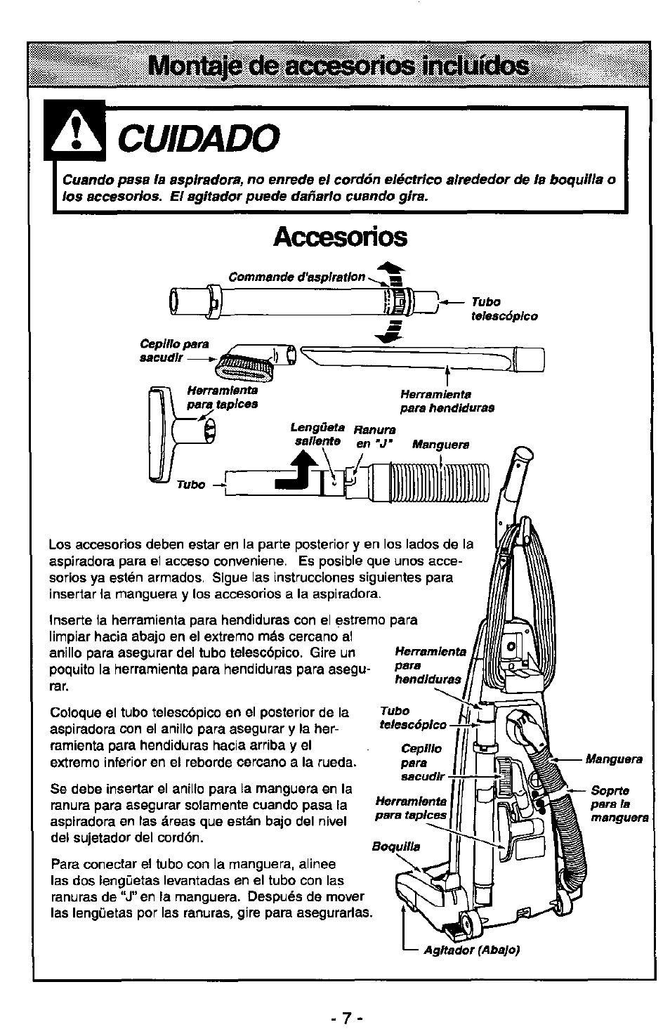 Cuidado, G jid, Montaje de accesorios incluidos | Accesorios | Panasonic MC-V7347 User Manual | Page 31 / 48