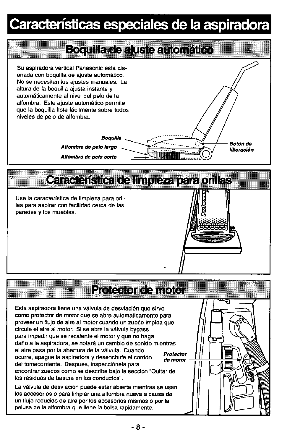 Características especiales de la aspiradora, Prot de motor | Panasonic MC-V7347 User Manual | Page 32 / 48