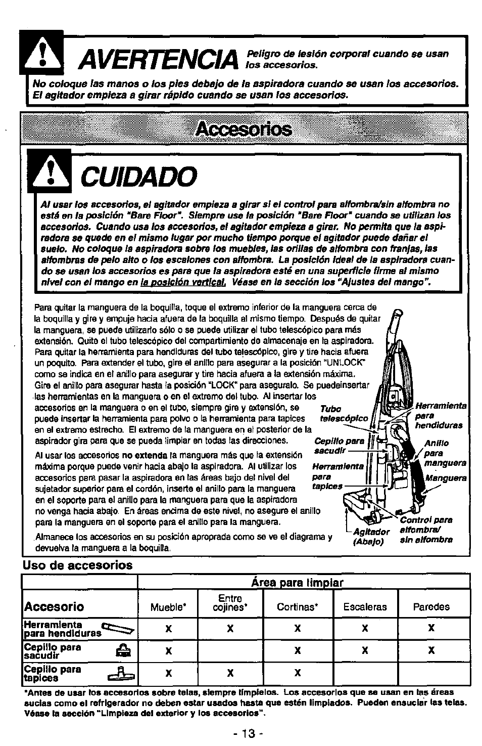 Avertencia, Cuidado, Áccesoríos | Panasonic MC-V7347 User Manual | Page 37 / 48