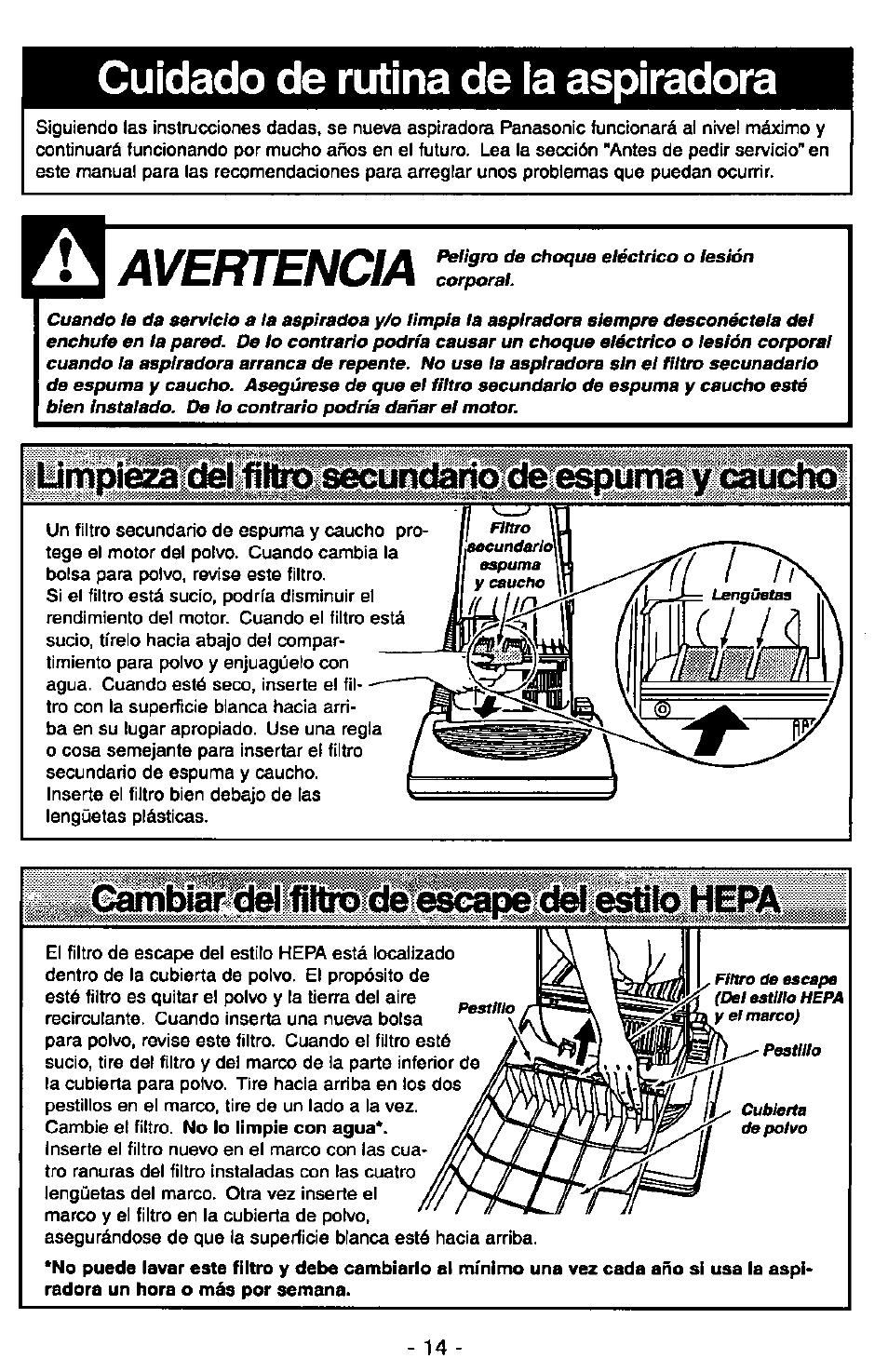 Cuidado de rutina de ia aspiradora, Avertencia, Cuidado de rutina de la aspiradora | Panasonic MC-V7347 User Manual | Page 38 / 48