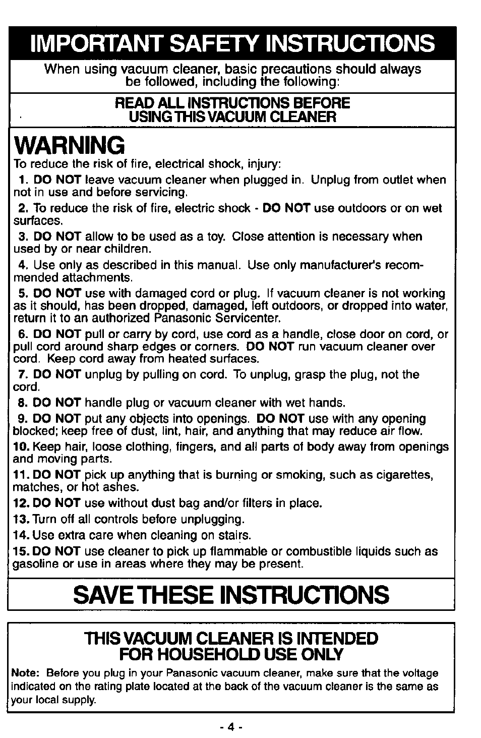 Important safety instructions, Warning, Save these instructions | Panasonic MC-V7347 User Manual | Page 4 / 48