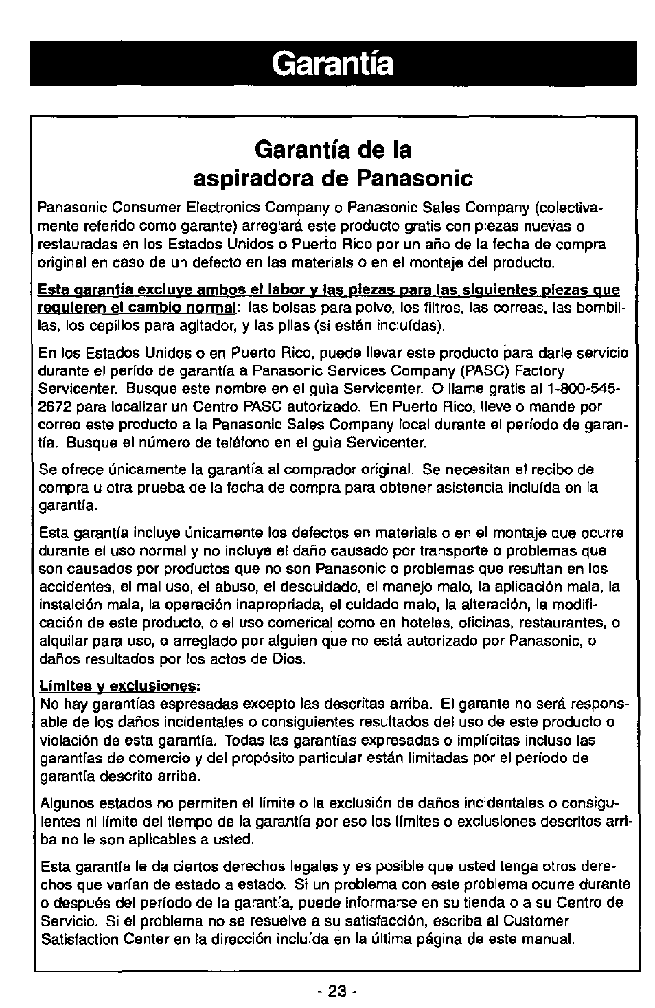 Garantía, Garantía de la aspiradora de panasonic | Panasonic MC-V7347 User Manual | Page 47 / 48