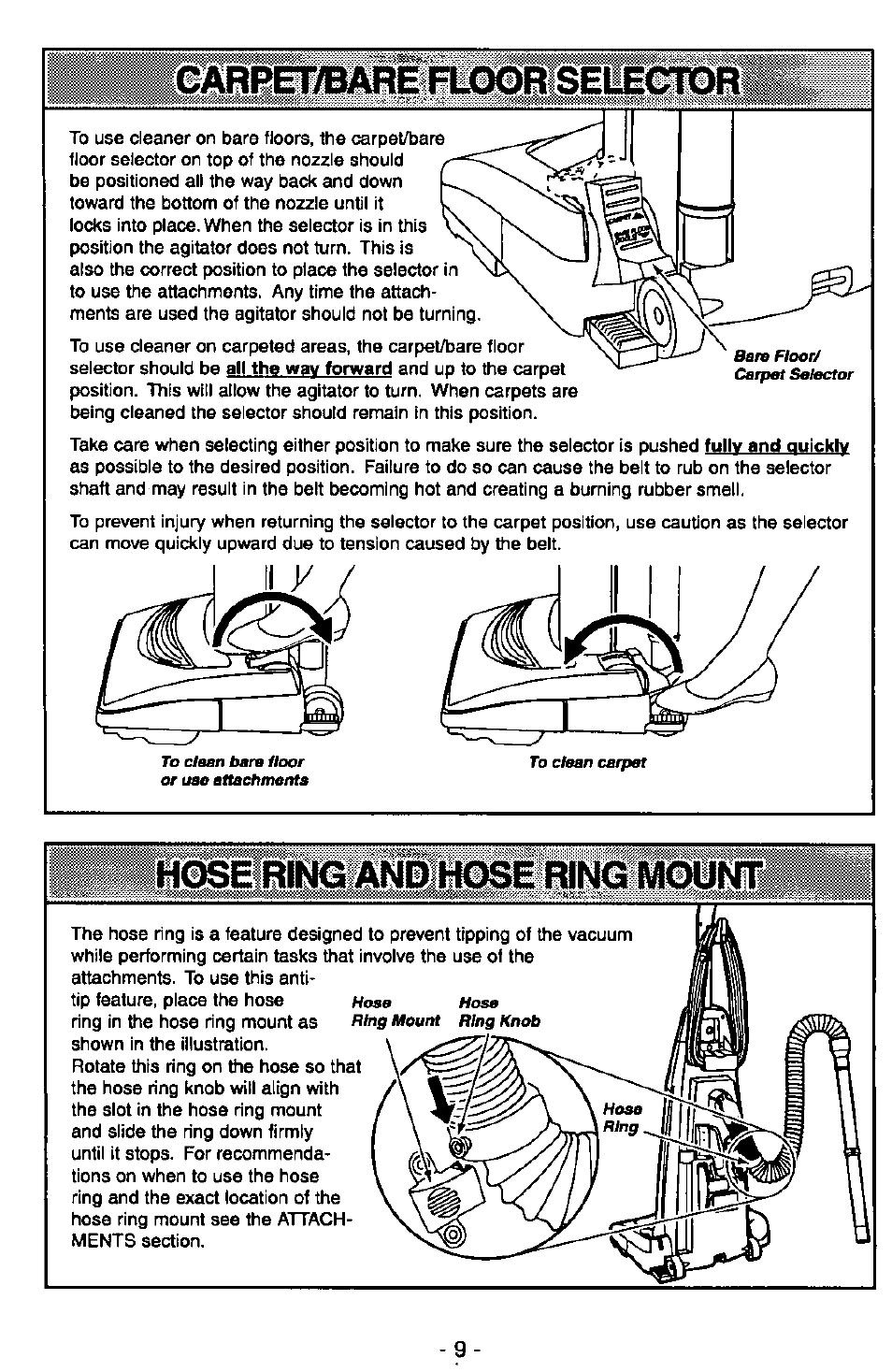 Carpetbare l^toor selector, Hose ring and hose ring mount | Panasonic MC-V7347 User Manual | Page 9 / 48