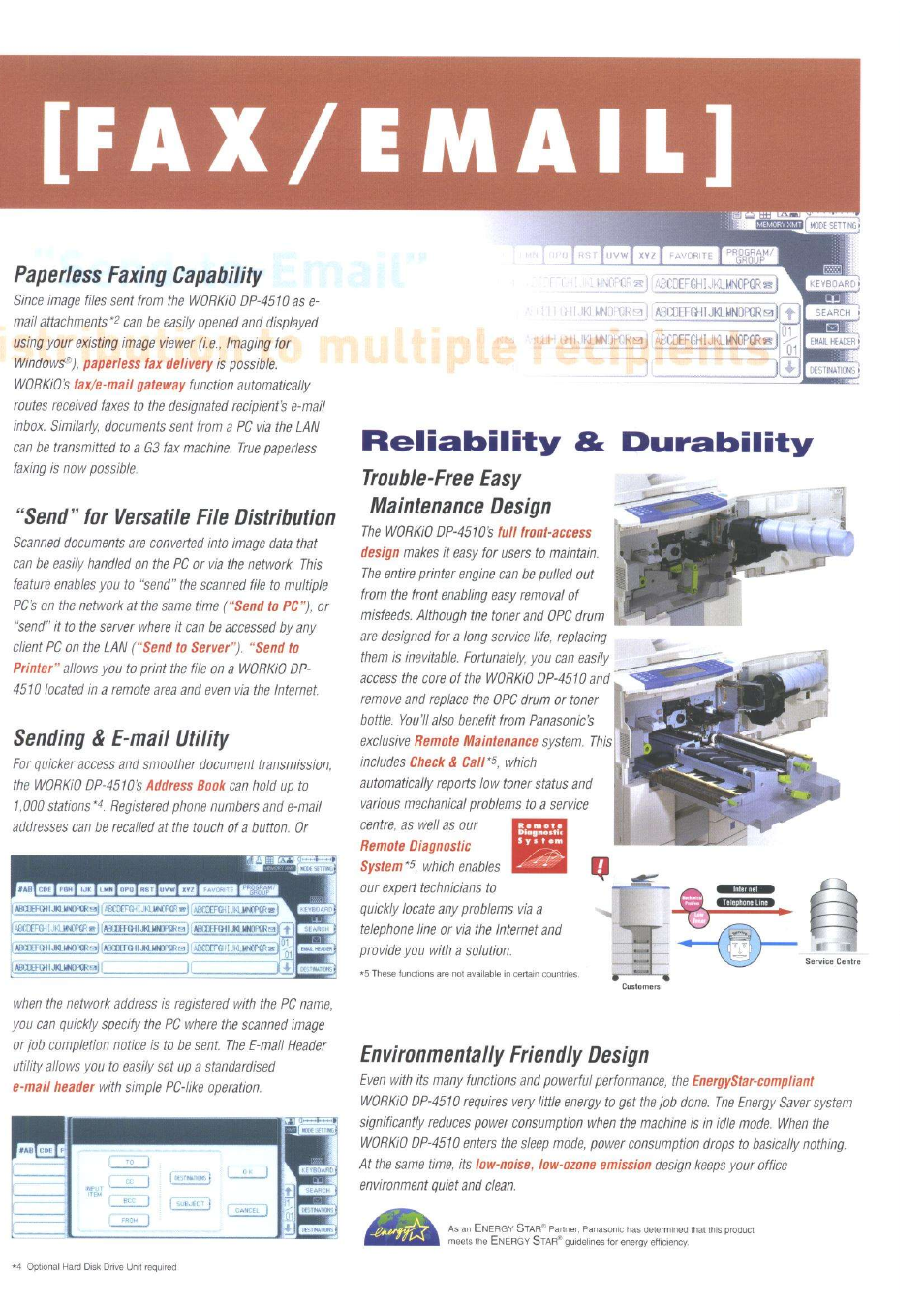 Fax/email, Reliability, Durability | 1штм.\т'ока, Paperless faxing capability, Send” for versatile file distribution, Sending & e-mail utility, Trouble-free easy maintenance design, Environmentally friendly design | Panasonic DP-4510 User Manual | Page 11 / 12