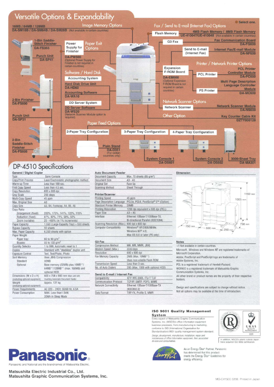 Dp-4510 specifications, Panasonic, Da-fs605 | Panasonic DP-4510 User Manual | Page 12 / 12