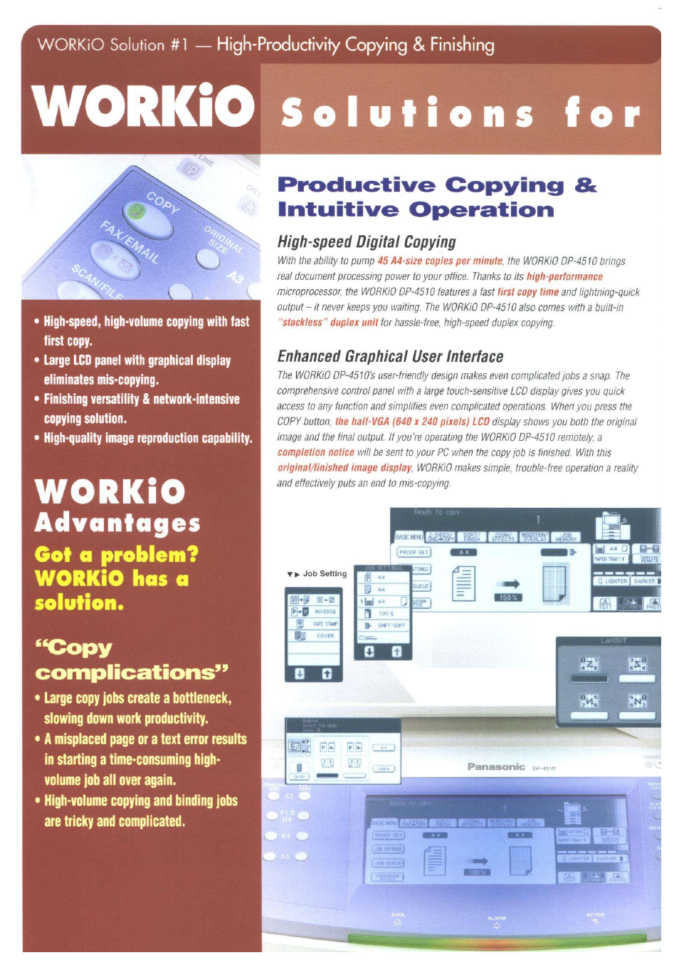 Workio, Advanlages, Got a problem? workio has a solution | Copy complications, Productive copying & intuitive operation, Workio solution #1 | Panasonic DP-4510 User Manual | Page 4 / 12