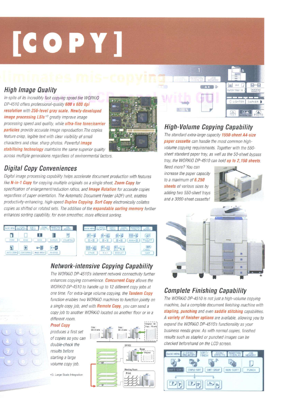 Copy, C o p y, High image quality | Digital copy conveniences, Network-intensive copying capability, High-volume copying capability, Complete finishing capability | Panasonic DP-4510 User Manual | Page 5 / 12