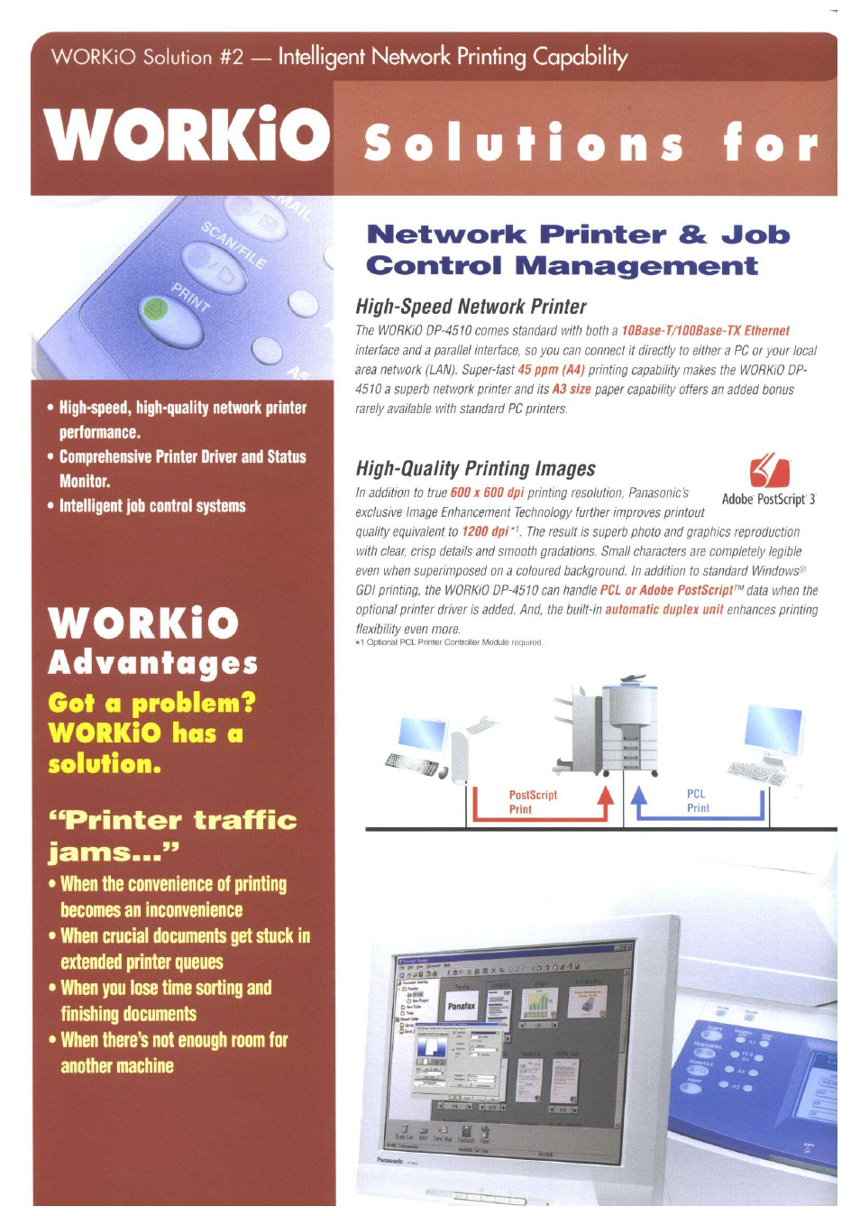 Workio, Advantages, Got a problem? workio has a solution | Printer traffic jams, Network printer & «job control management | Panasonic DP-4510 User Manual | Page 6 / 12