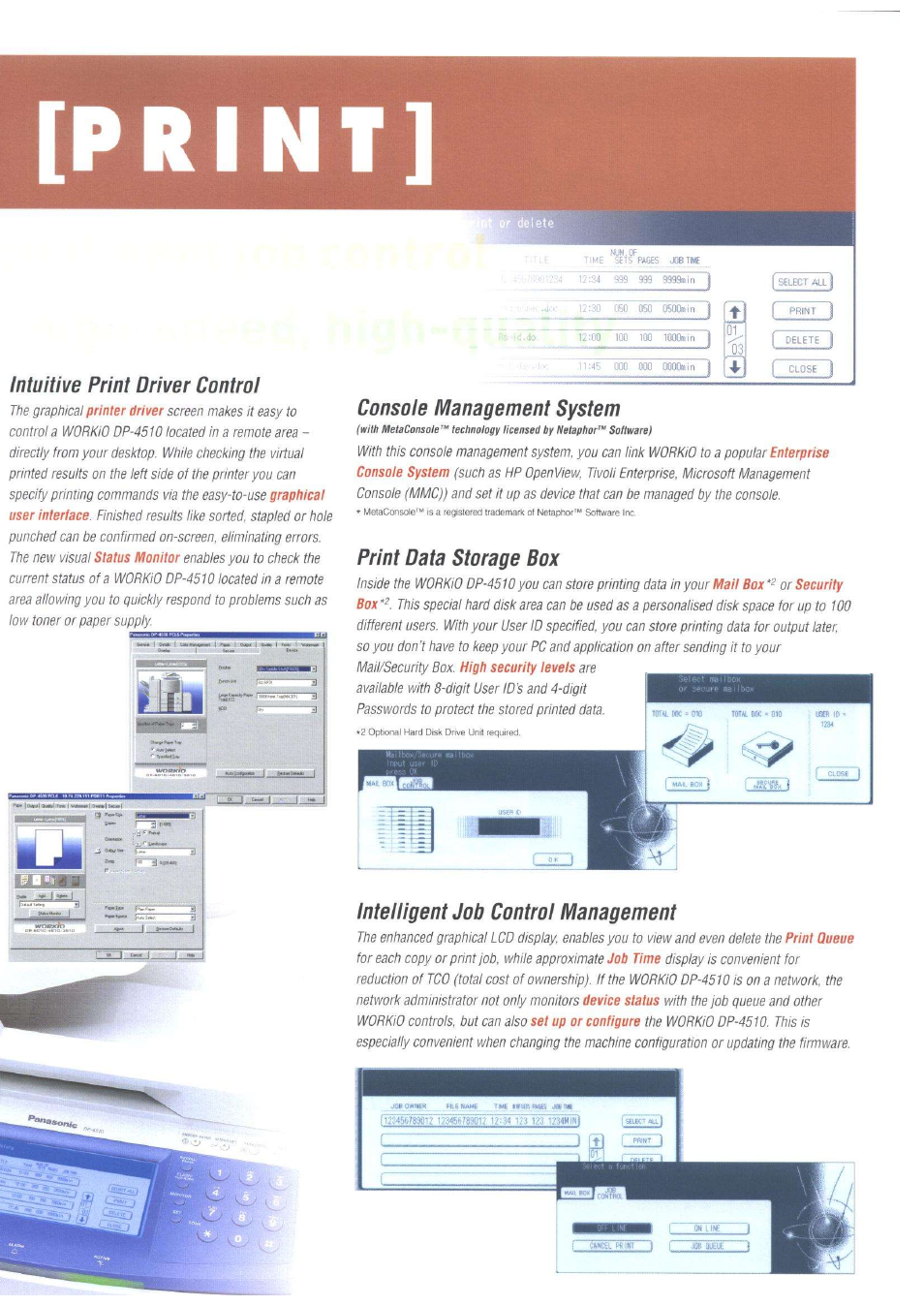 Print, Intuitive print driver control, Console management system | Print data storage box, Intelligent job control management | Panasonic DP-4510 User Manual | Page 7 / 12