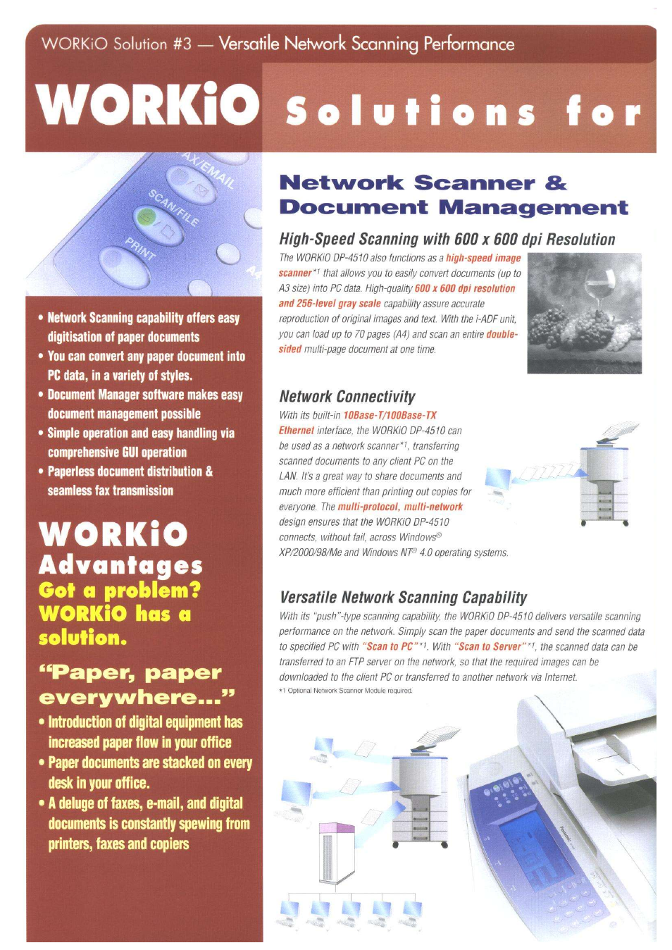 Worklo, Workio, Advantages | Got a problem? workio has a solution, Paper, paper everywhere, Network scanner & document management | Panasonic DP-4510 User Manual | Page 8 / 12