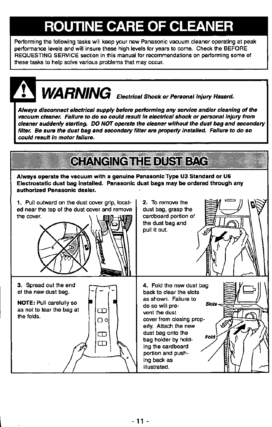 Warning, Changing the dust bag, Changing the dust bag -12 | Routine care of cleaner | Panasonic MC-V5710 User Manual | Page 11 / 40