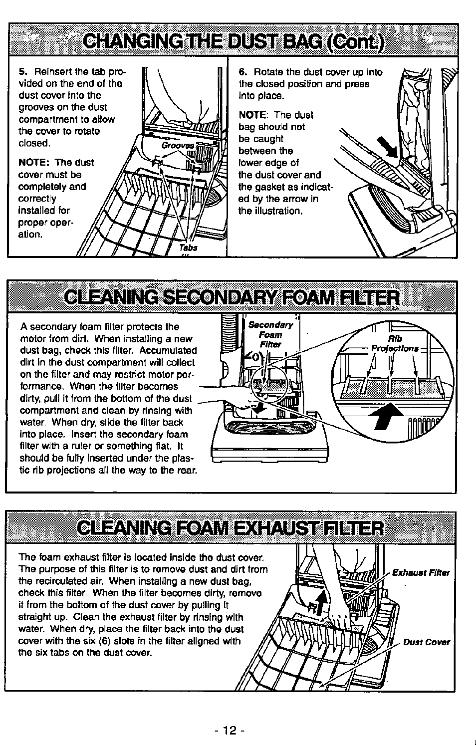 Ttcmgingifle bostibagmia, Cleaning secondary f=qam rlter, Cleaning foam exhaust rlter | Panasonic MC-V5710 User Manual | Page 12 / 40