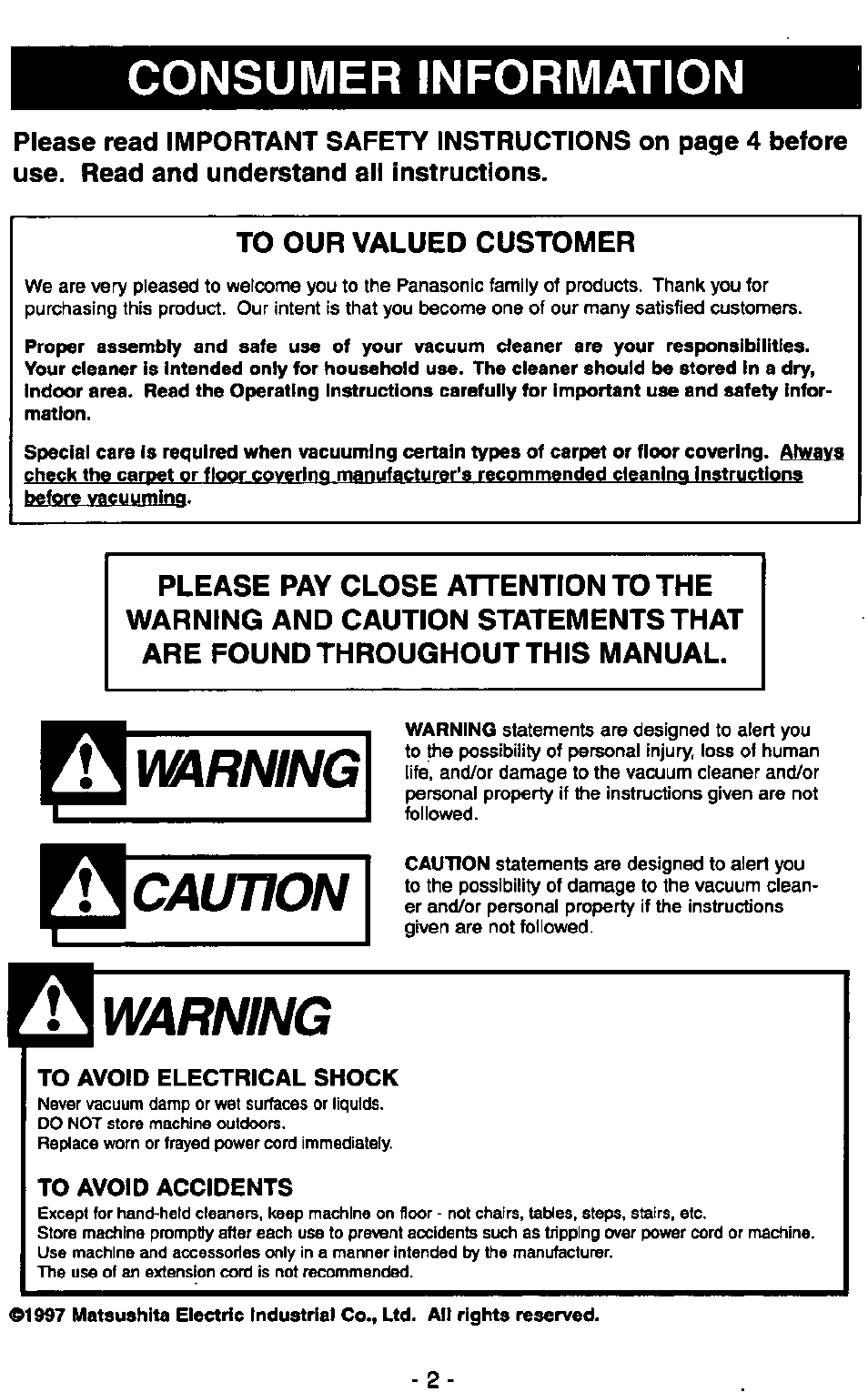 Consumer information, Mrning, Caution | Warning | Panasonic MC-V5710 User Manual | Page 2 / 40